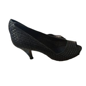 Vintage Latina Black Woven Leather Peep Toe Heels Shoes size 7